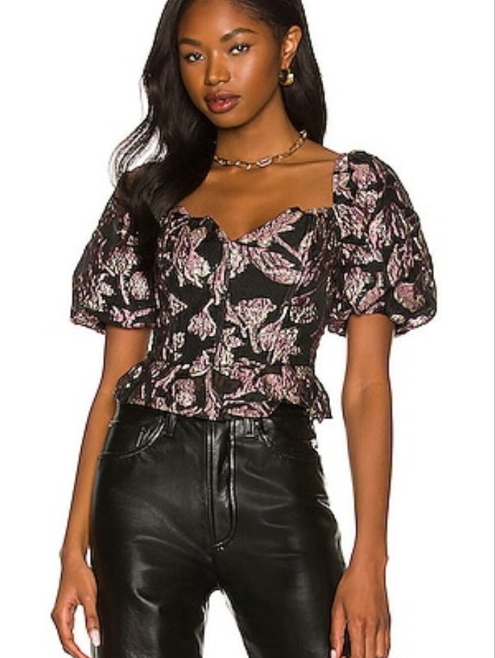 ASTR The Label Sidney Jacquard Floral Puff Sleeve Metallic Corset Top